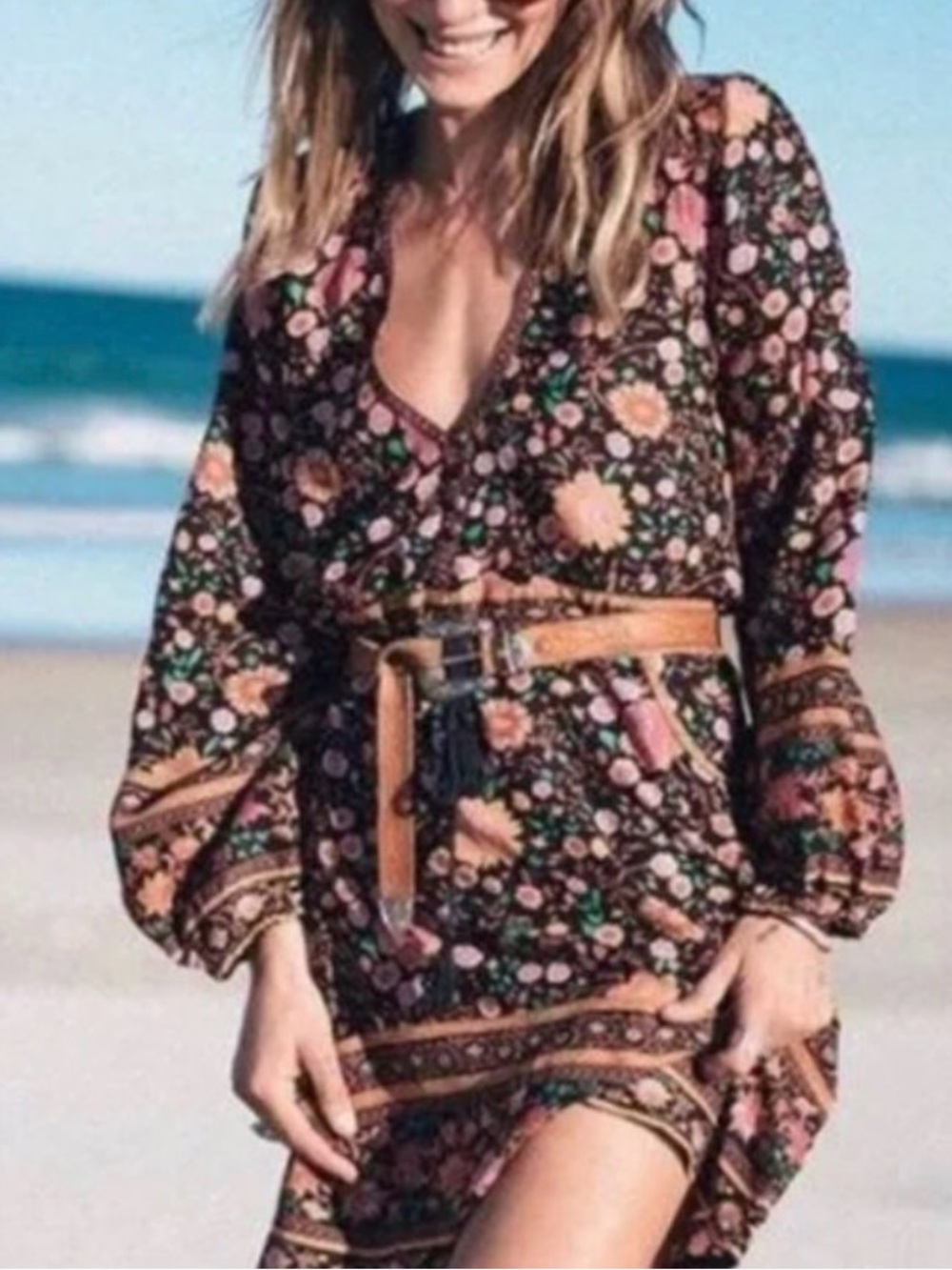 Spell Floral Long-Sleeve V-Neck Mini Dress in Black and Pink